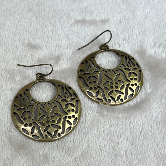 Vintage Premier Designs Dangle Earrings Brass Metal Perforated Boho - Picture 3 of 5